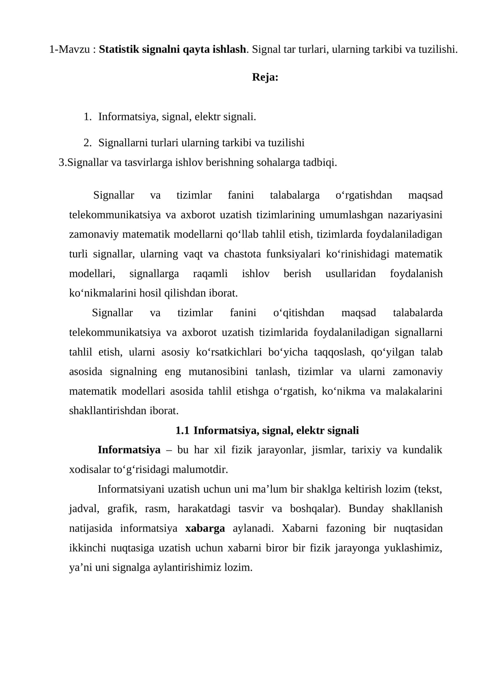Statistik signalni qayta ishlash 1