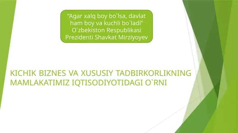 KICHIK BIZNES VA XUSUSIY TADBIRKORLIKNING MAMLAKATIMIZ IQTISODIYOTIDAGI O`RNI 1