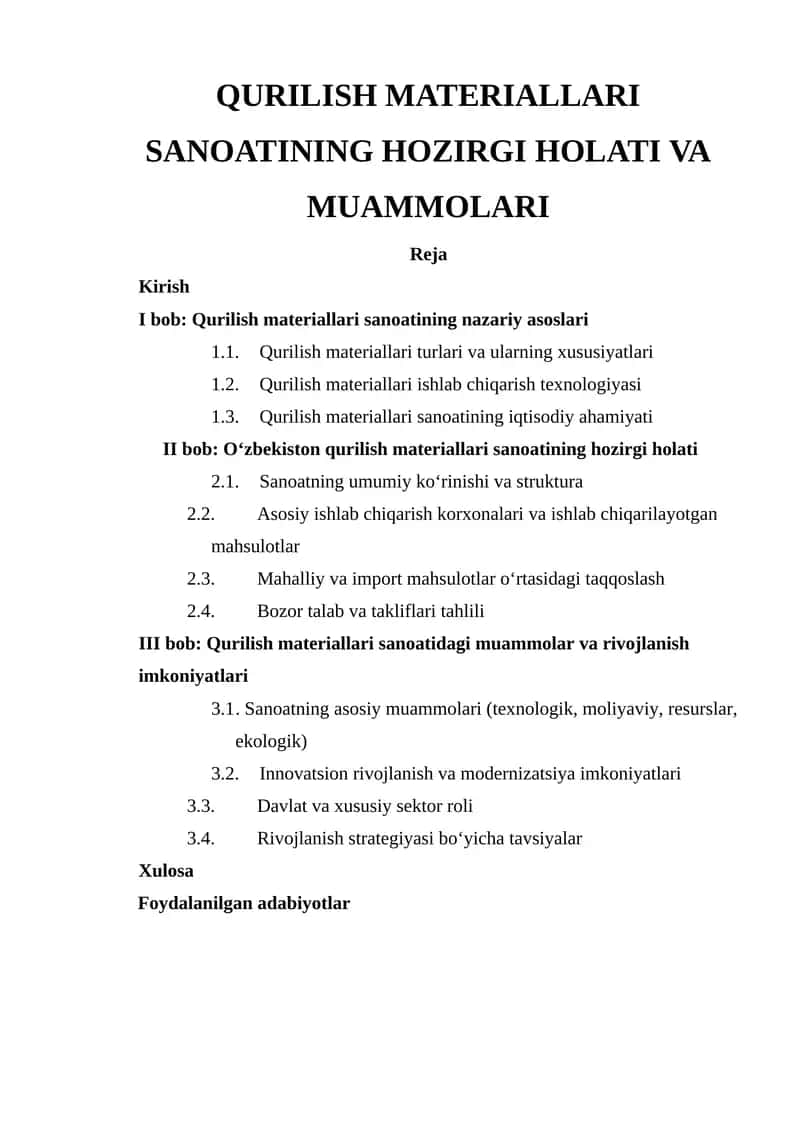 Qurilish Materiallari Sanoating Holati va Muammonlari 1