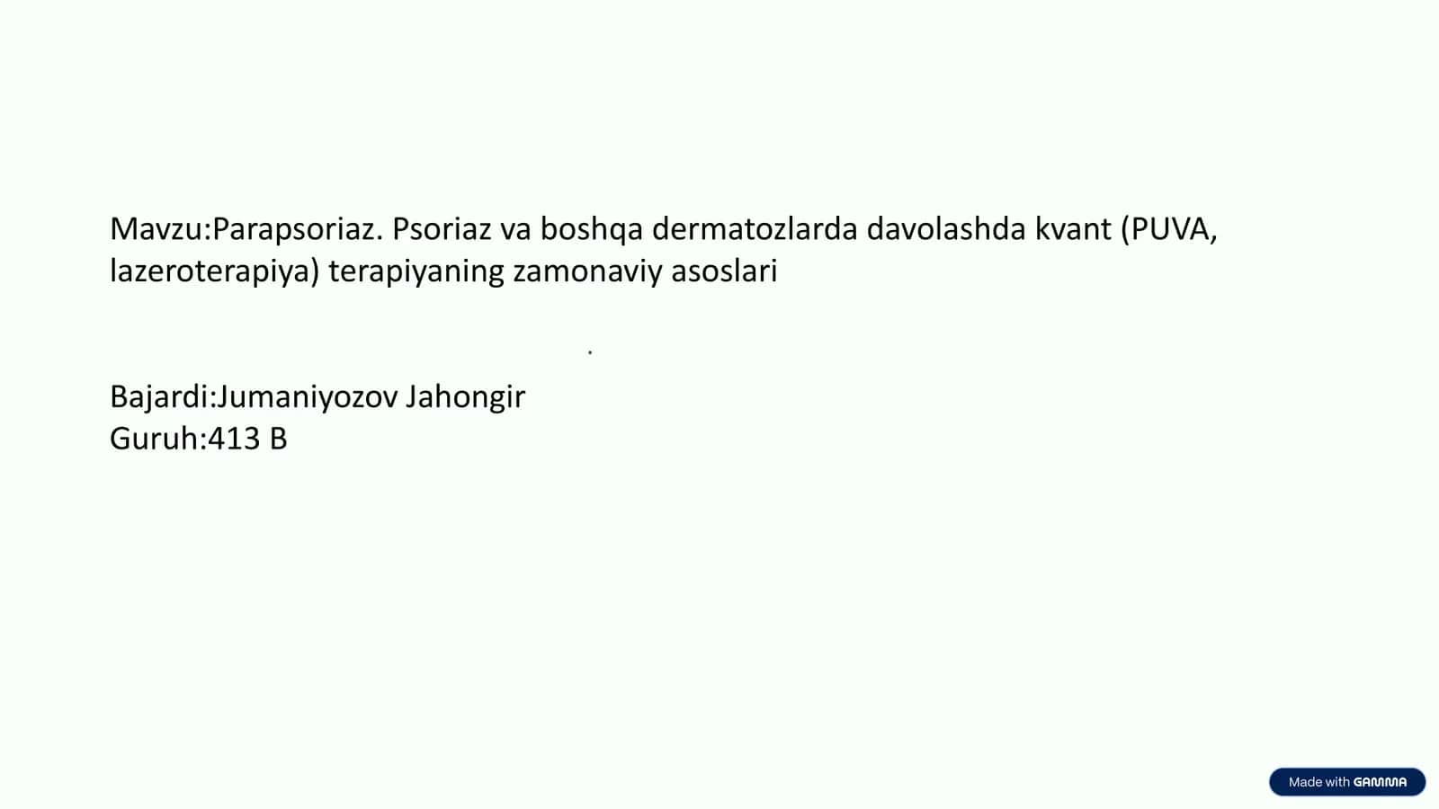 Parapsoriaz. Psoriaz va boshqa dermatozlarda davolashda kvant (PUVA, lazeroterapiya) terapiyaning zamonaviy asoslari 1