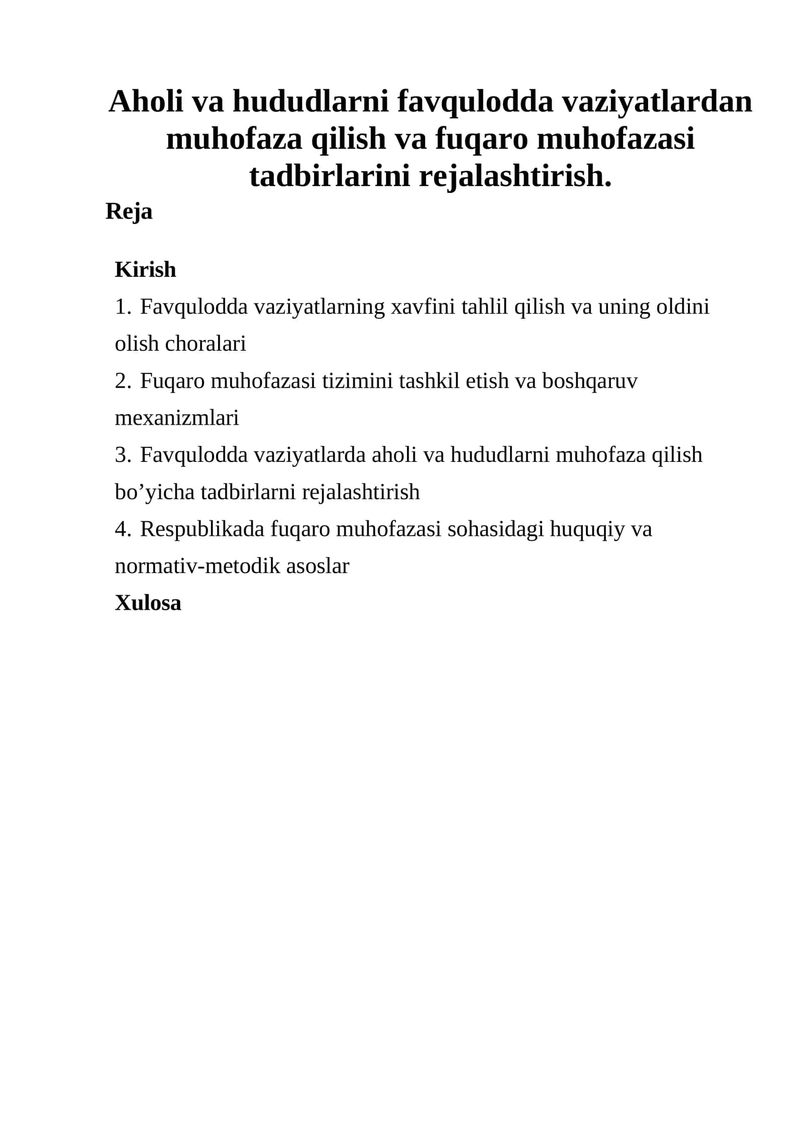 Aholi va hududlarni favqulodda vaziyatlardan muhofaza qilish va fuqaro muhofazasi tadbirlarini rejalashtirish 1