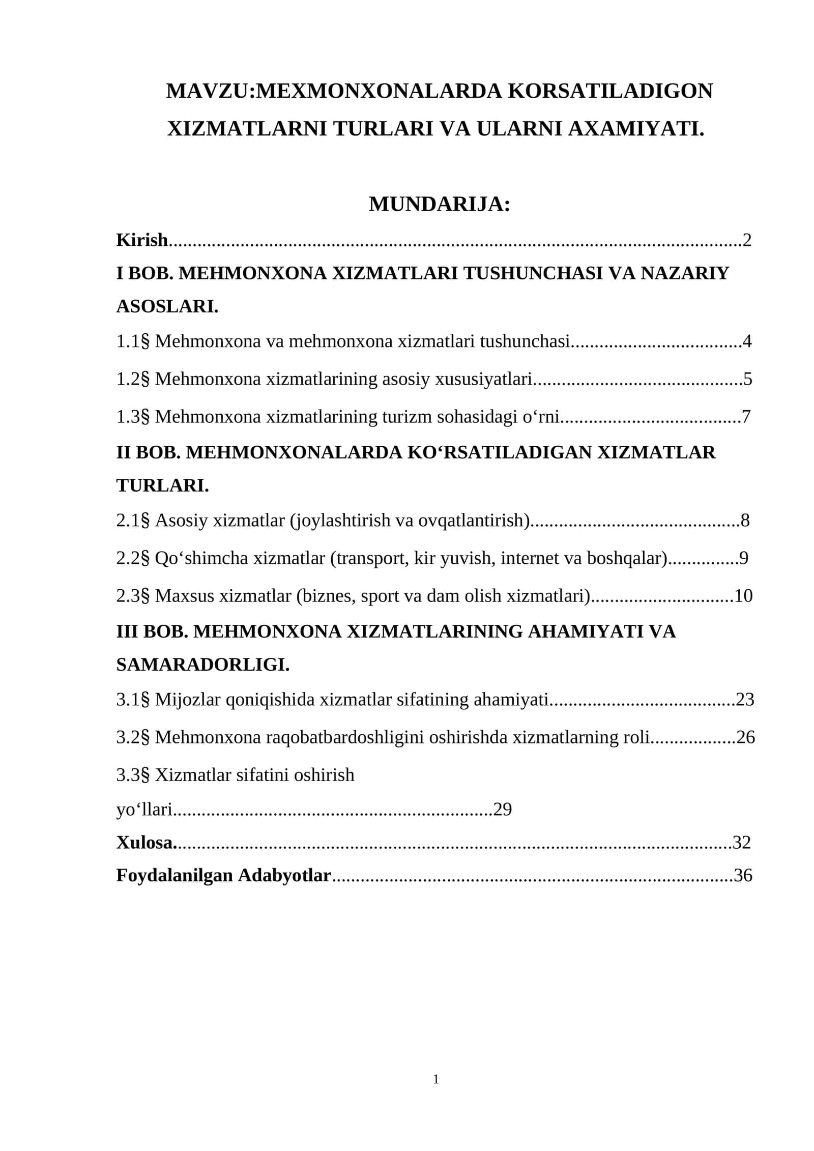 MEXMONXONALARDA KORSATILADIGON XIZMATLARNI TURLARI VA ULARNI AXAMIYATI. 1