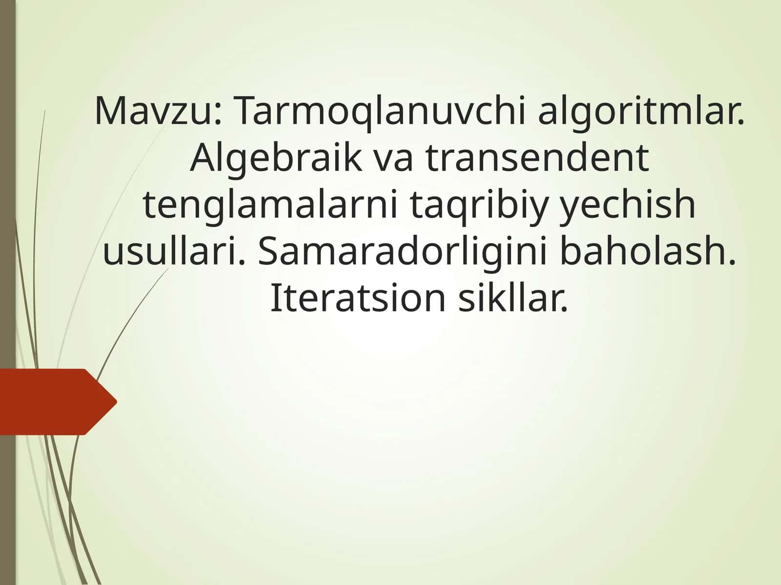 Tarmoqlanuvchi algoritmlar. Algebraik va transendent tenglamalarni taqribiyyechish usullari 1