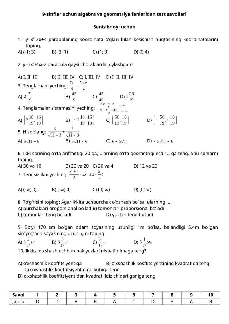 9-sinflar uchun algebra va geometriya fanlaridan test savollari (sentabrdan maygacha) 1