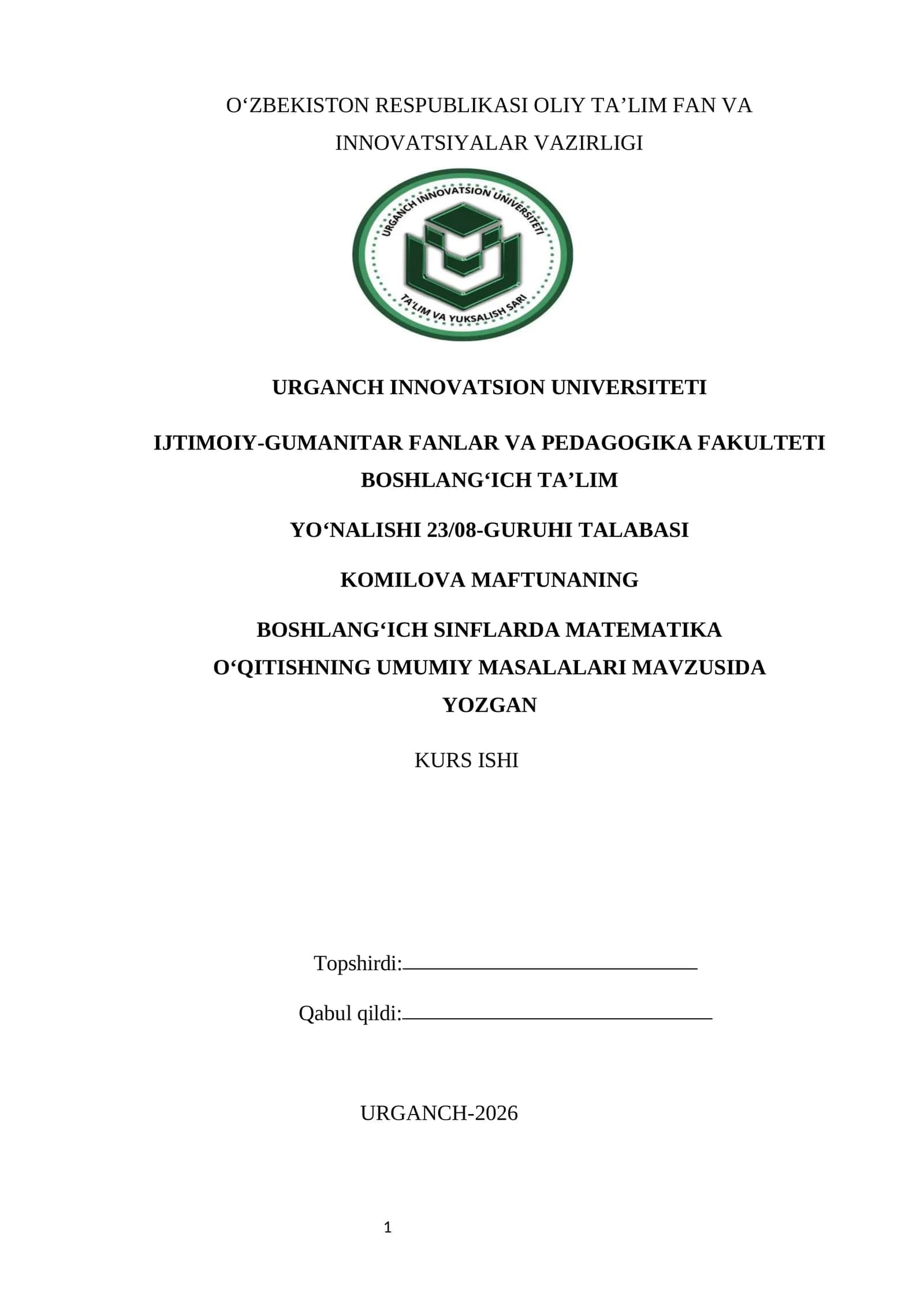 BOSHLANG‘ICH SINFLARDA MATEMATIKA O‘QITISHNING UMUMIY MASALALARI 1