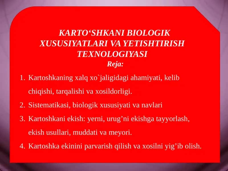 KARTOʻSHKANIBIOLOGIK XUSUSIYATLARI VA YETISHTIRISH TEXNOLOGIYASI 1