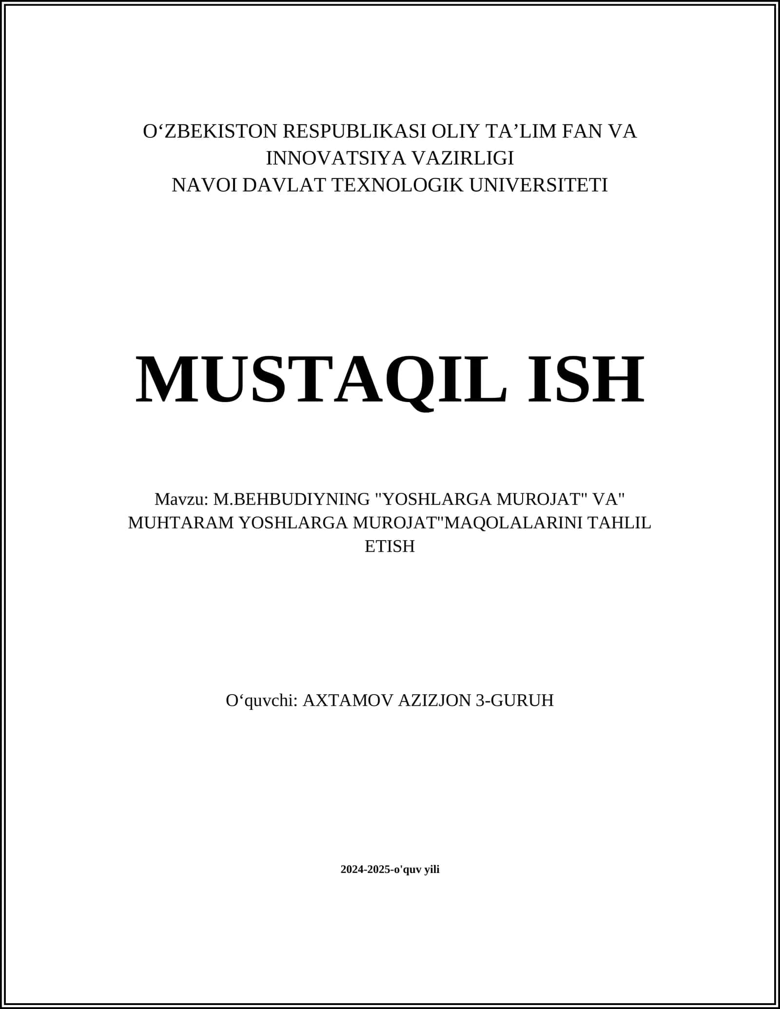 M.BEHBUDIYNING "YOSHLARGA MUROJAT" VA" MUHTARAM YOSHLARGA MUROJAT"MAQOLALARINI TAHLIL ETISH 1