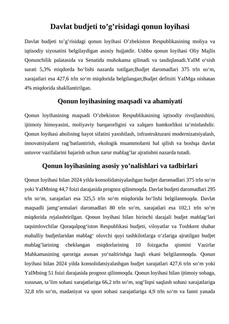 Davlat budjeti to’g’risidagi qonun loyihasi 1