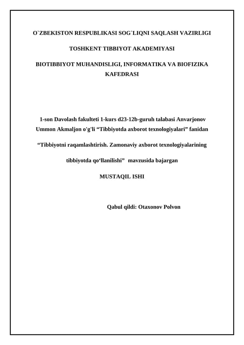 Tibbiyotda axborot texnologiyalari 1