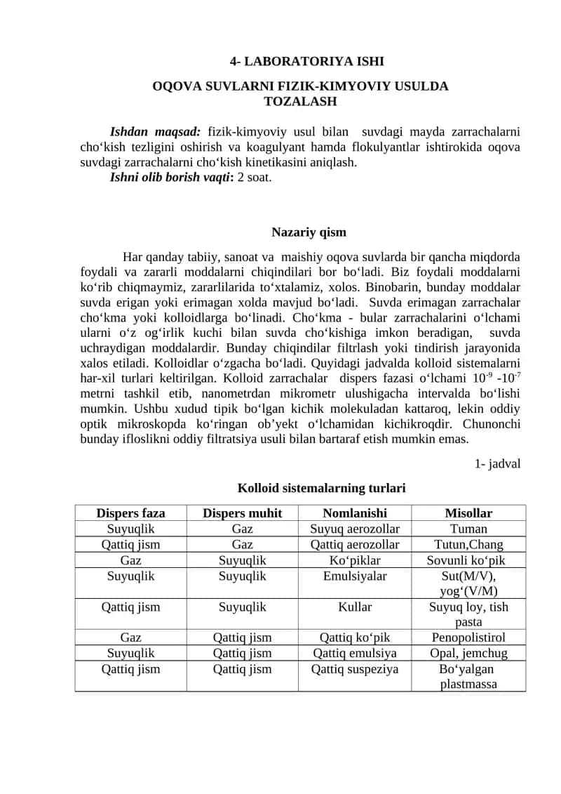 LABORATARIYA ISHI OQOVA SUVLARNI FIZIK-KIMYOVIY USULDA TOZALASH 1
