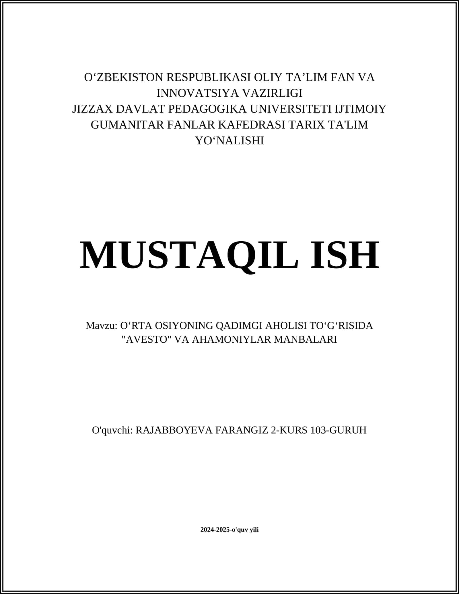 OʻRTA OSIYONING QADIMGI AHOLISI TOʻGʻRISIDA "AVESTO" VA AHAMONIYLAR MANBALARI 1