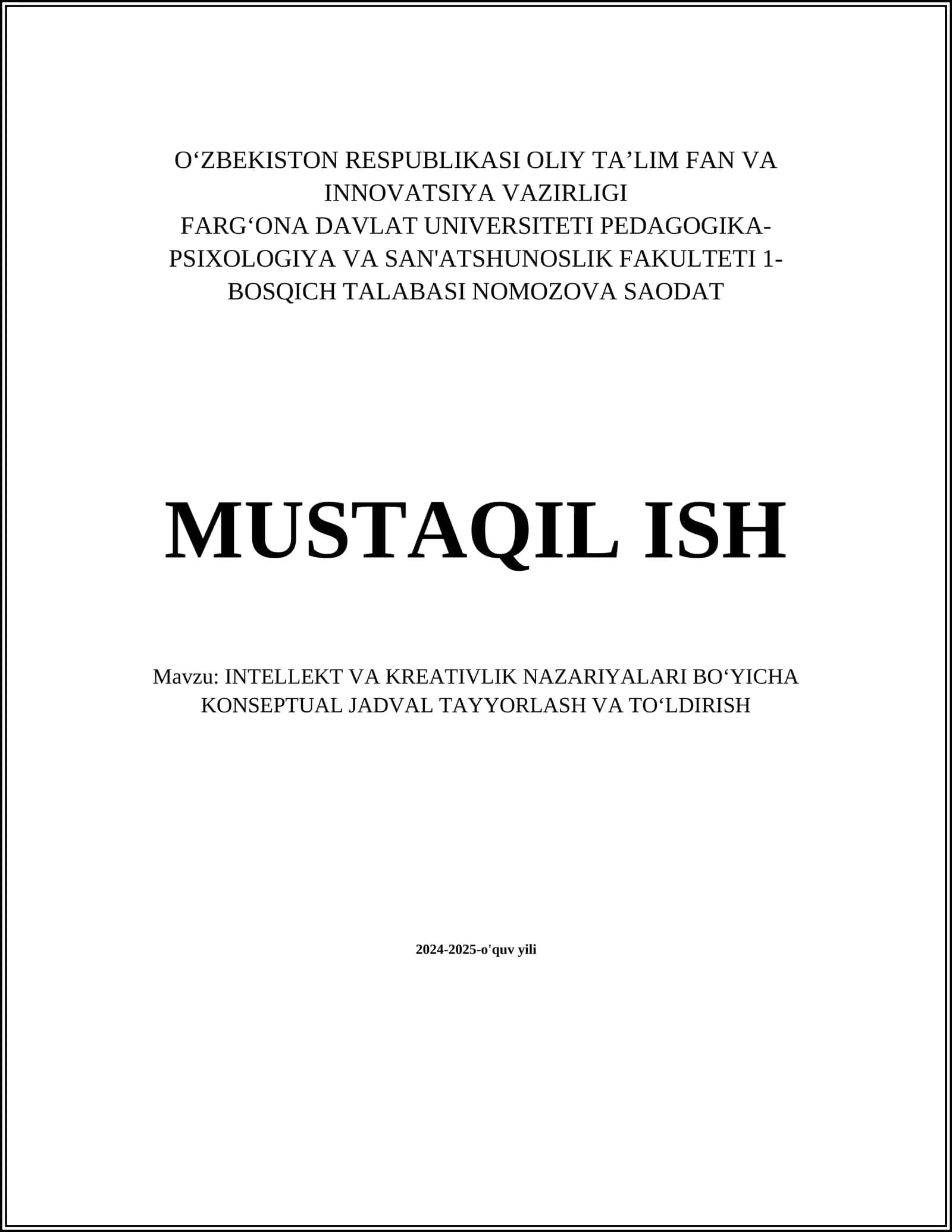 INTELLEKT VA KREATIVLIK NAZARIYALARI BO‘YICHA KONSEPTUAL JADVAL TAYYORLASH VA TO‘LDIRISH 1