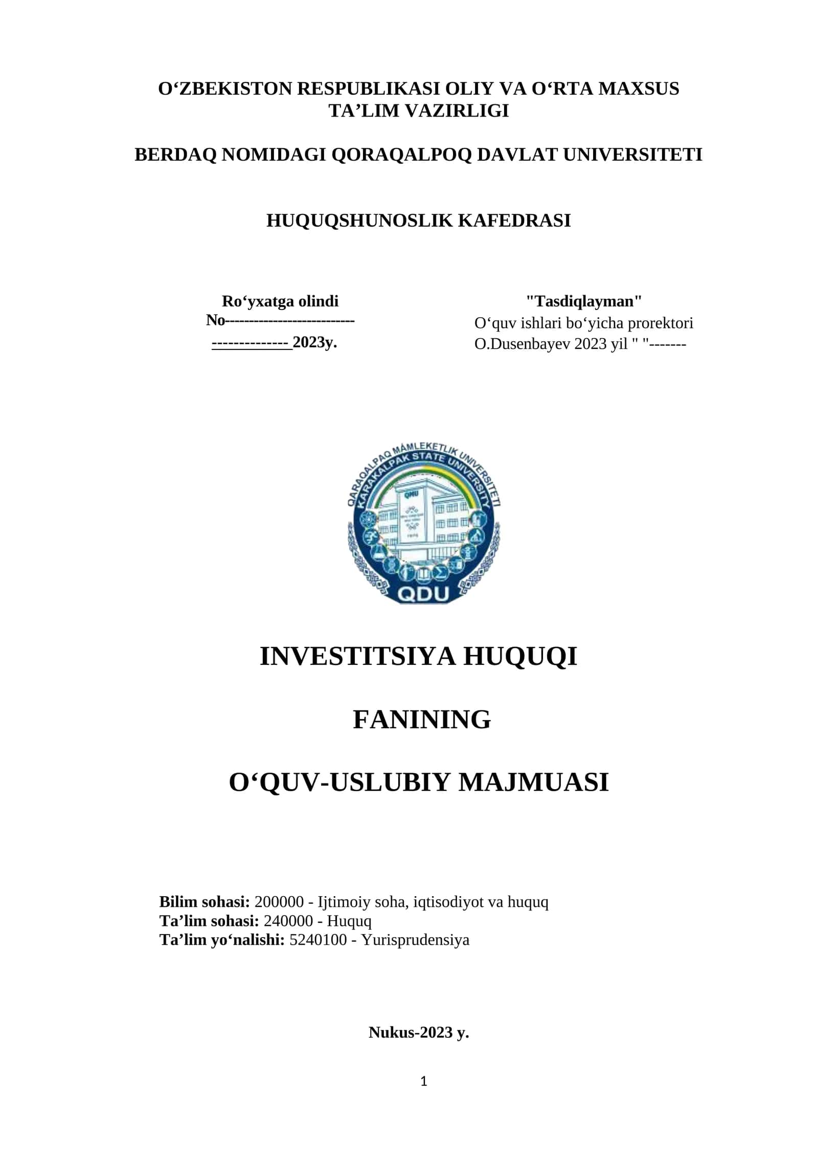 INVESTITSIYA HUQUQI FANINING O‘QUV-USLUBIY MAJMUASI 1