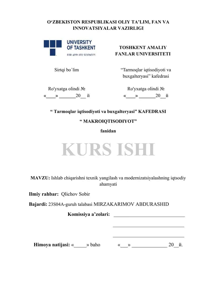 Ishlab chiqarishni texnik yangilash va modernizatsiyalashning iqtsodiy ahamyati 1