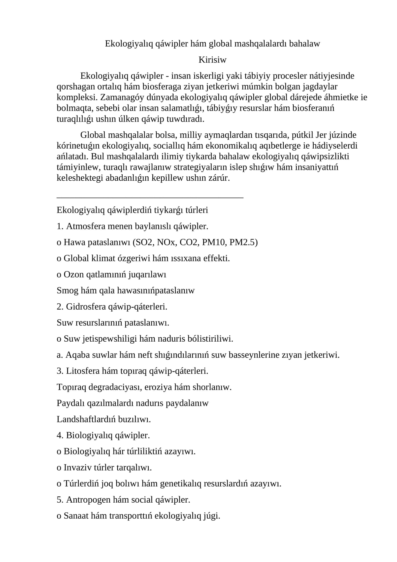 Ekologiyalıq qáwipler hám global mashqalalardı bahalaw 1