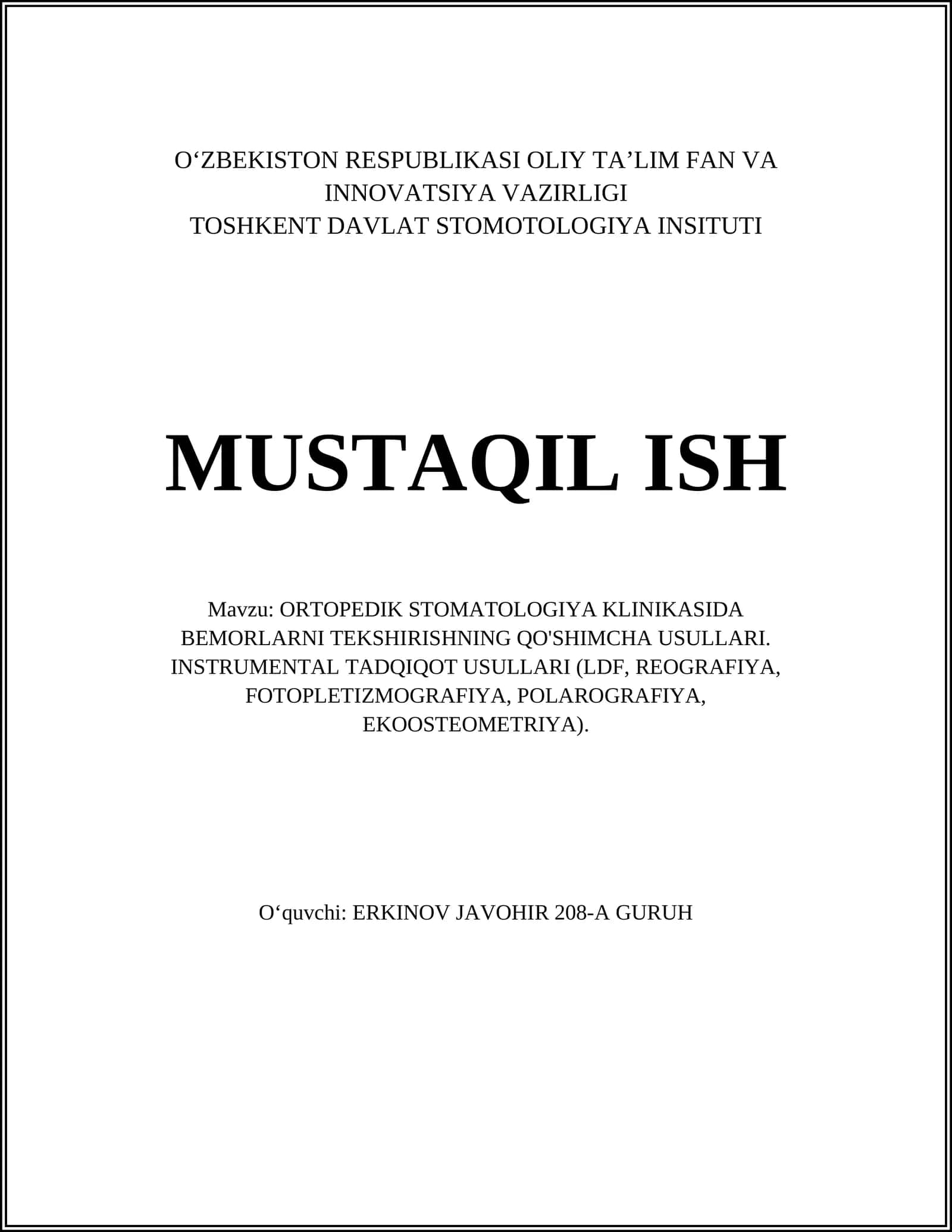 ORTOPEDIK STOMATOLOGIYA KLINIKASIDA BEMORLARNI TEKSHIRISHNING QO'SHIMCHA USULLARI 1