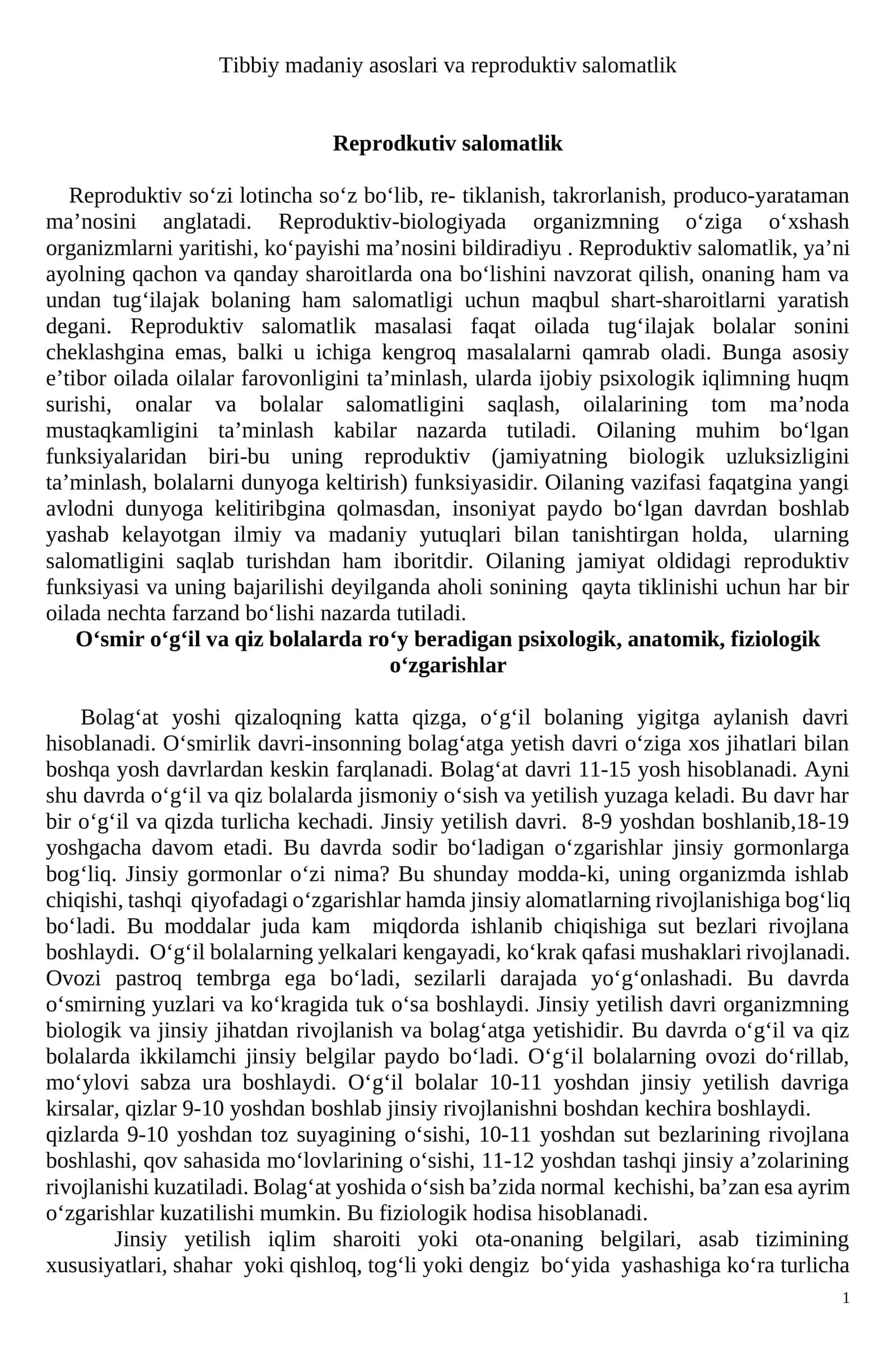 Tibbiy madaniy asoslari va reproduktiv salomatlik 1