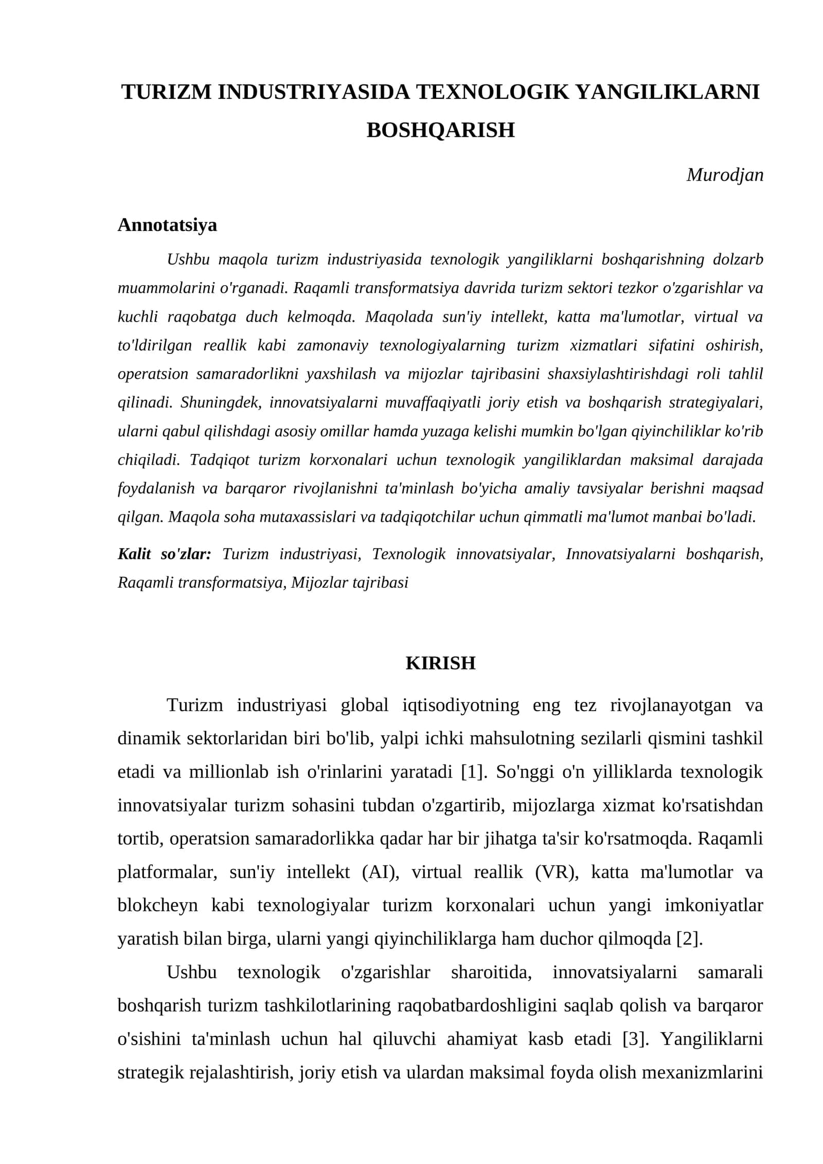 TURIZM INDUSTRIYASIDA TEXNOLOGIK YANGILIKLARNI BOSHQARISH 1
