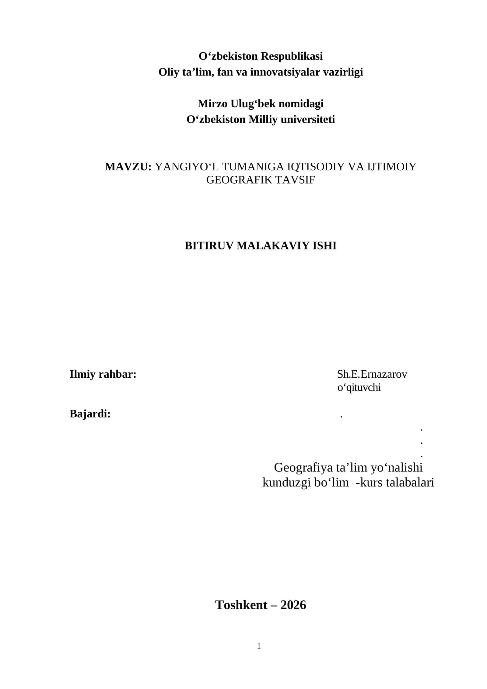 BMI . YANGIYO‘L TUMANIGA IQTISODIY VA IJTIMOIY GEOGRAFIK TAVSIF 1
