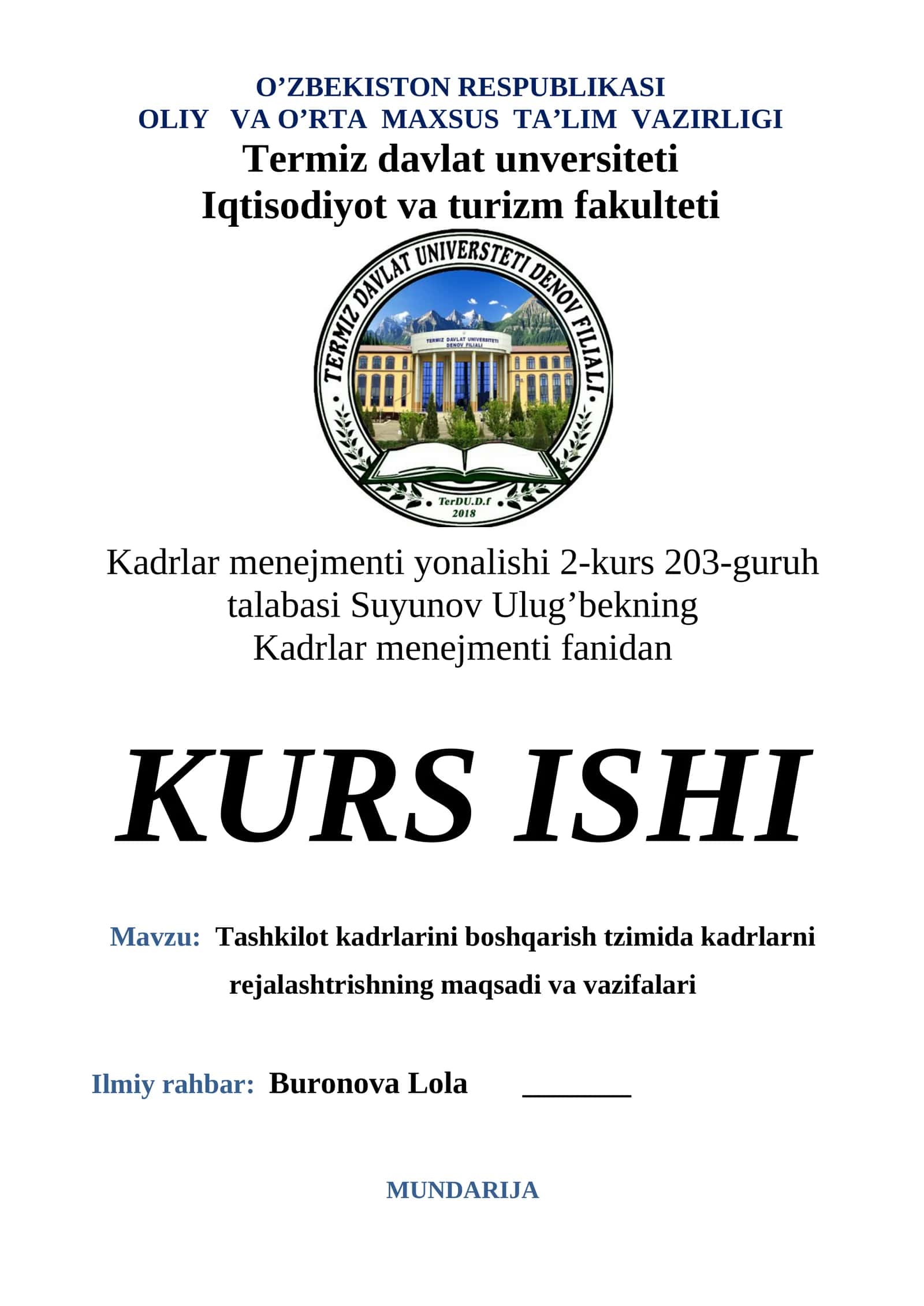 Kadrlar menejmenti yonalishi 2-kurs 203-guruh talabasi Suyunov Ulug’bekning 1