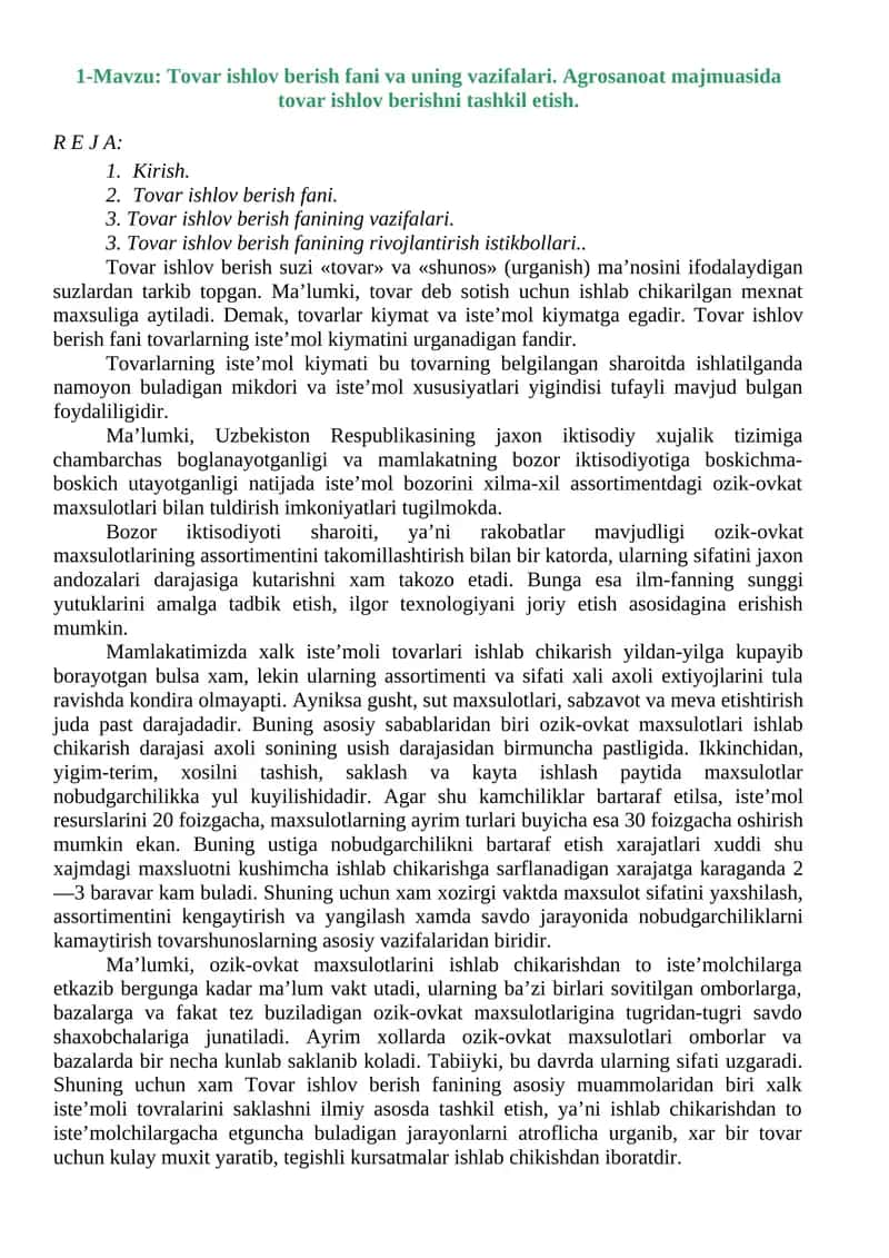 Tovar ishlov berish fani va uning vazifalari 1