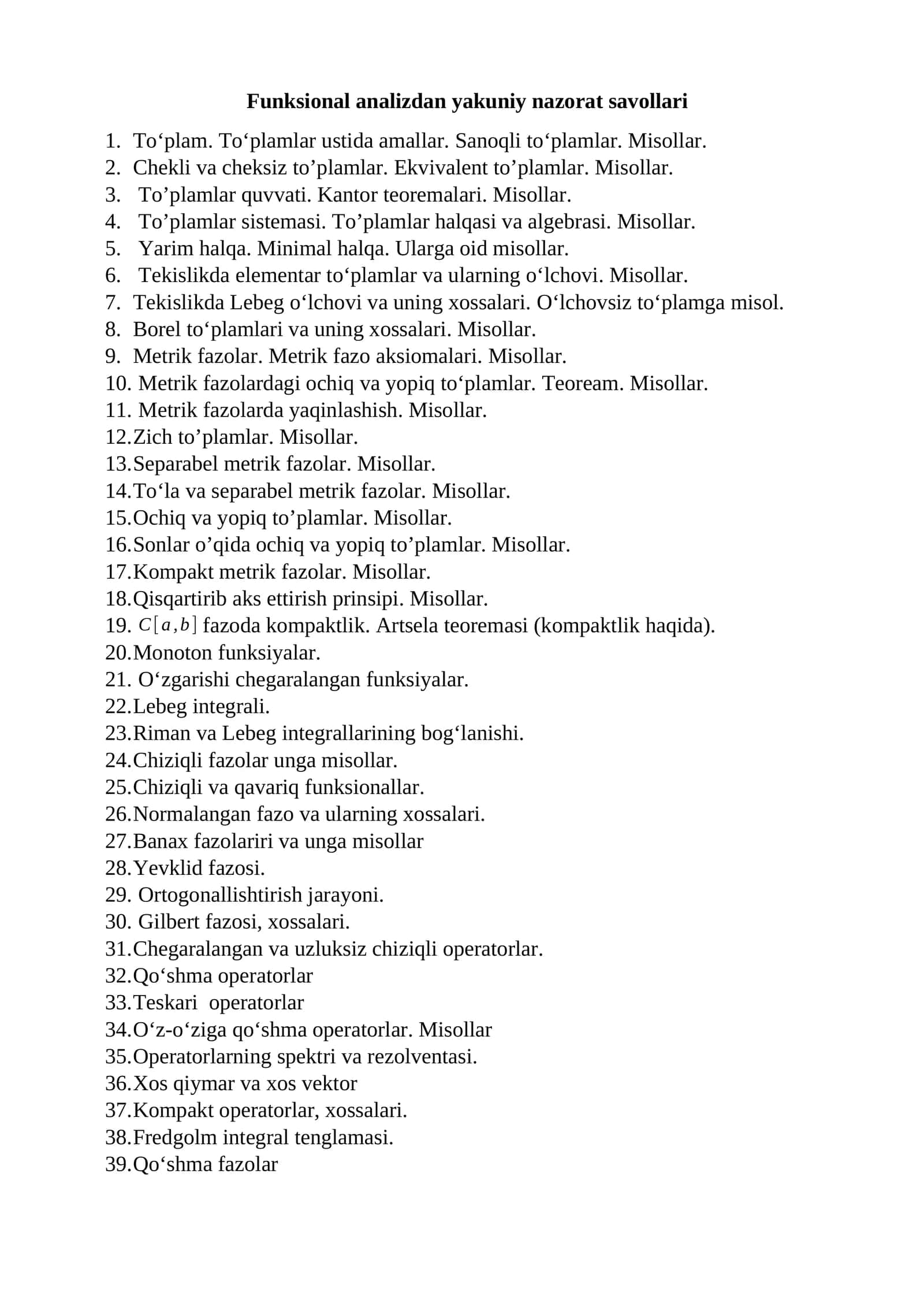 Funksional analizdan yakuniy nazorat savollari 1