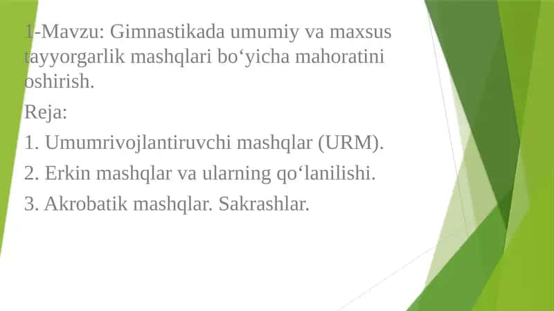 Gimnastikada umumiy va maxsus tayyorgarlik mashqlari bo‘yicha mahoratini oshirish 1