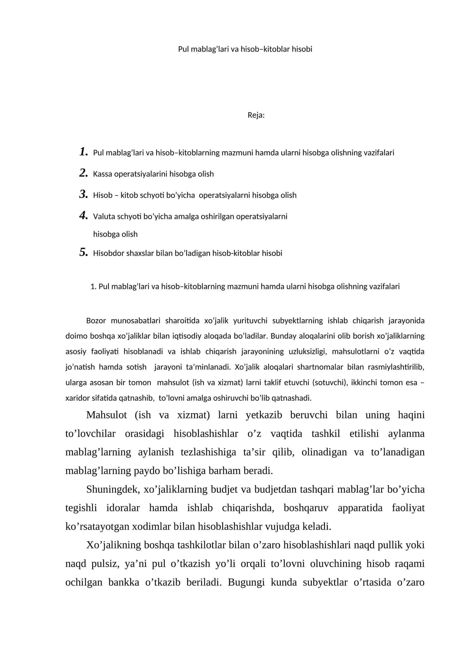 Pul mablag’lari va hisob–kitoblar hisobi 1