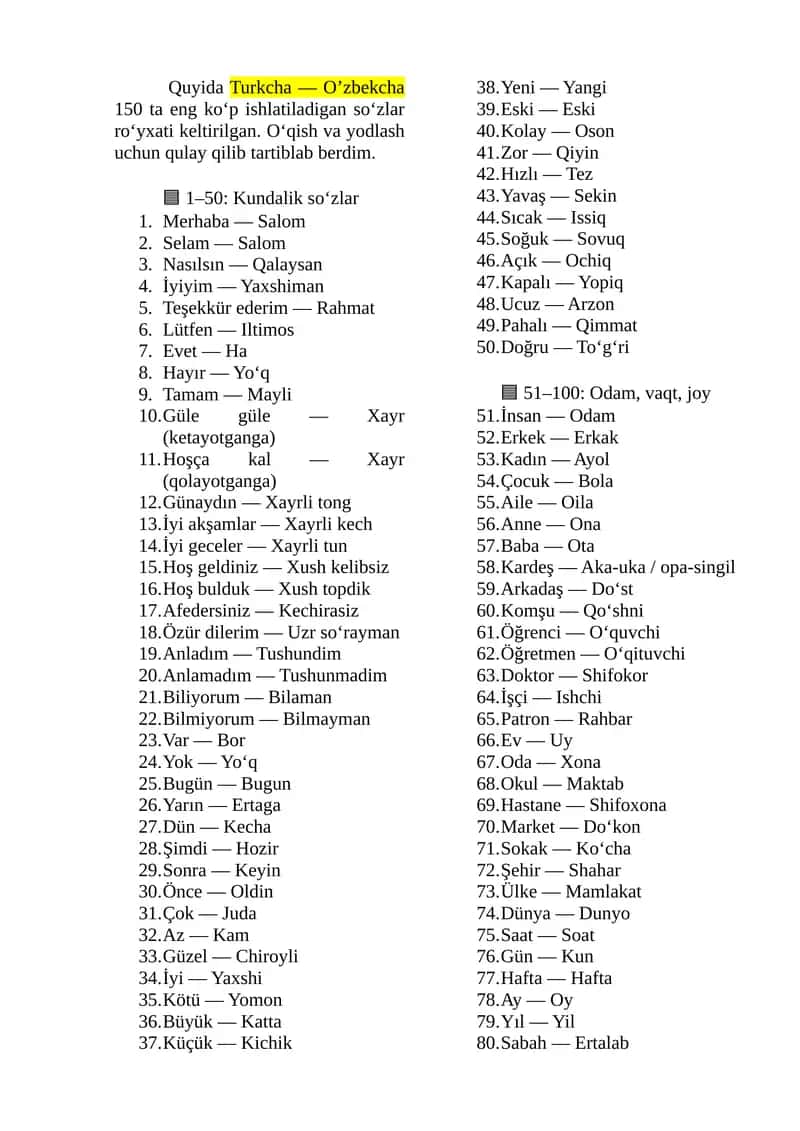 Turkcha — O’zbekcha 150 ta eng ko‘p ishlatiladigan so‘zlar ro‘yxati 1