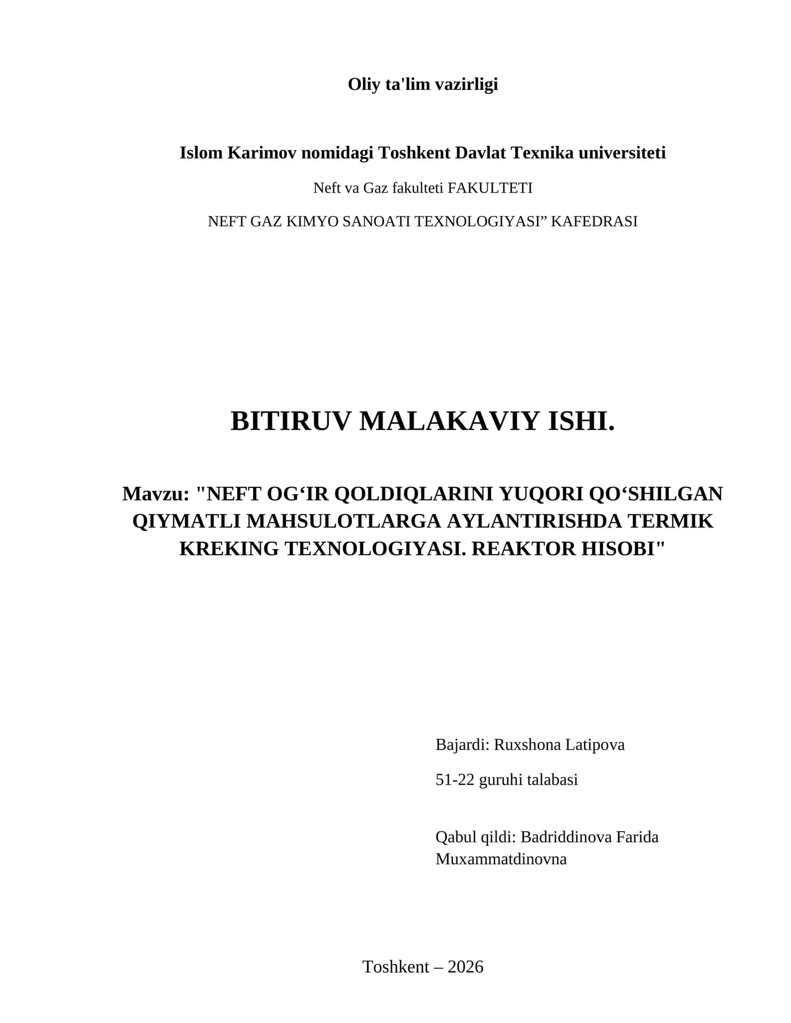Neft og‘ir qoldiqlarini yuqori qo‘shilgan qiymatli mahsulotlarga aylantirishda termik kreking texnologiyasi. Reaktor hisobi 1