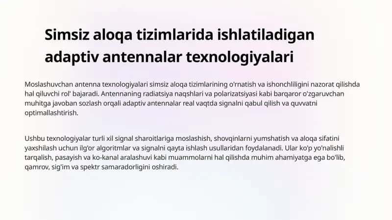 Simsiz aloqa tizimlarida ishlatiladigan adaptiv antennalar texnologiyalari 1