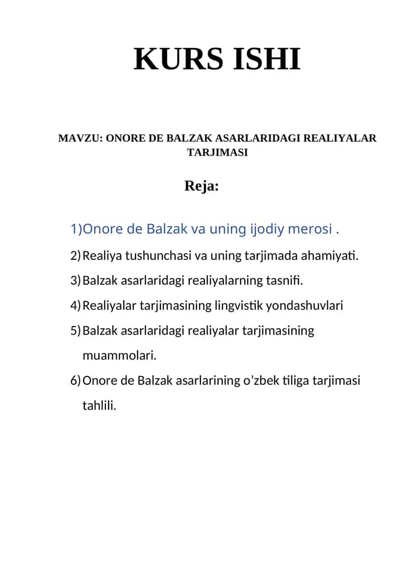 Onore de Balzak asarlaridagi realiyalar tarjimasi 1