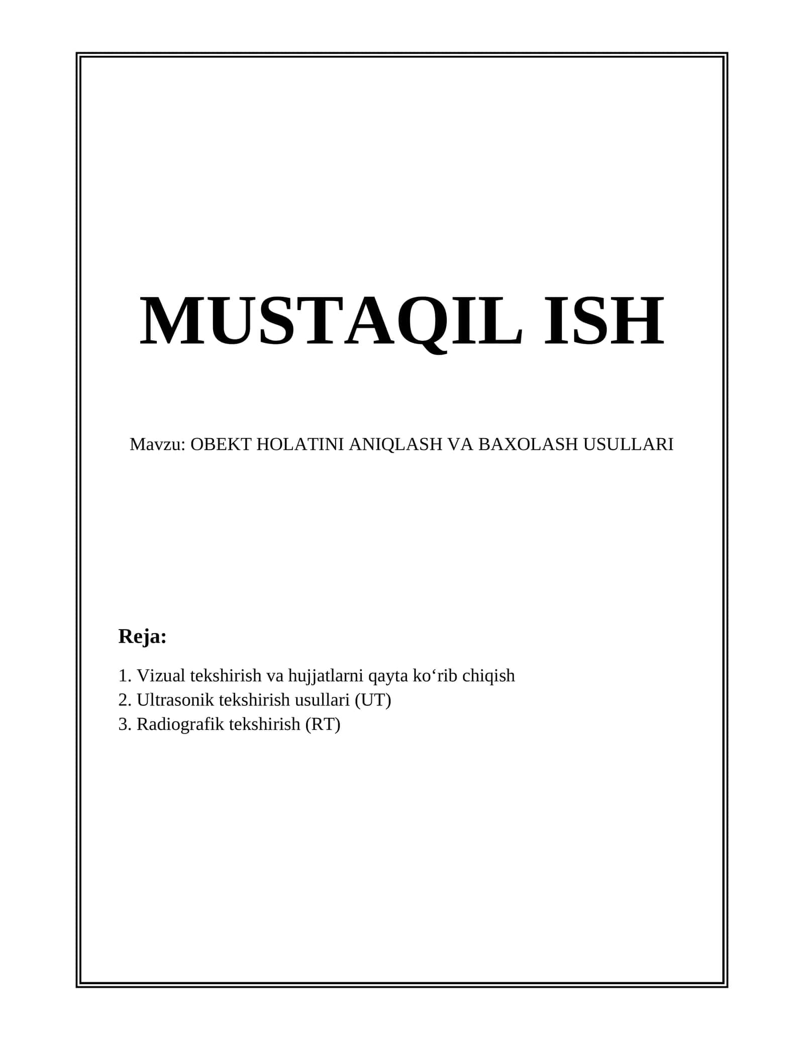 OBEKT HOLATINI ANIQLASH VA BAXOLASH USULLARI 1