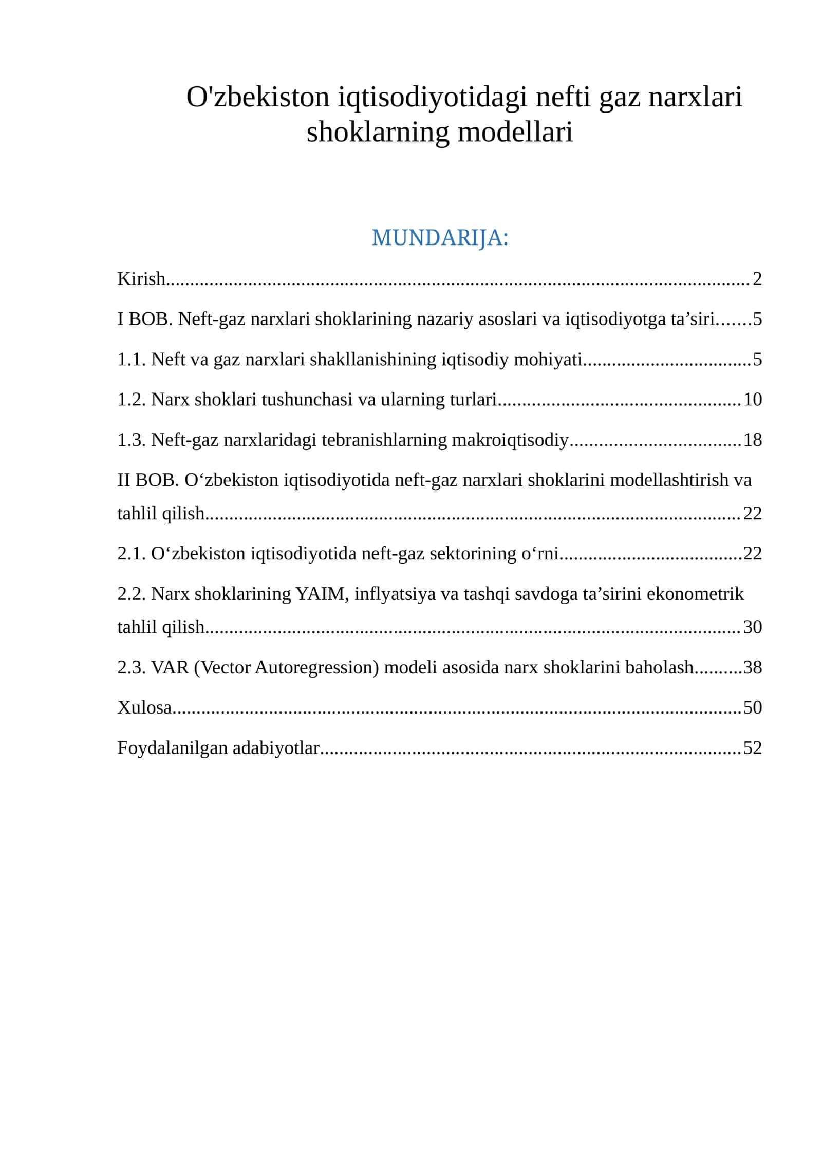 Neft va gaz narxlari shoklarning modellari 1