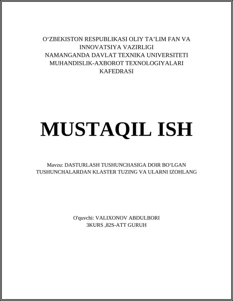 DASTURLASH TUSHUNCHASIGA DOIR BO‘LGAN TUSHUNCHALARDAN KLASTER TUZING VA ULARNI IZOHLANG 1