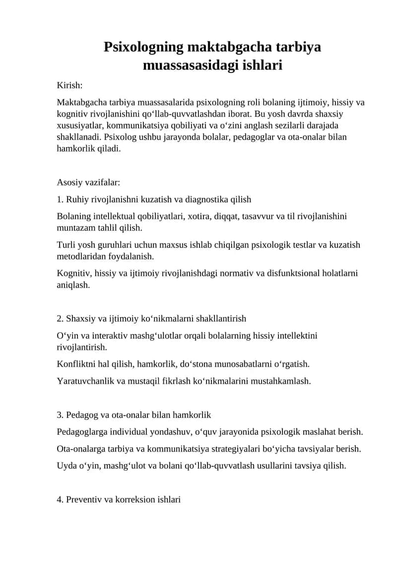 Psixologning maktabgacha tarbiya muassasasidagi ishlari 1