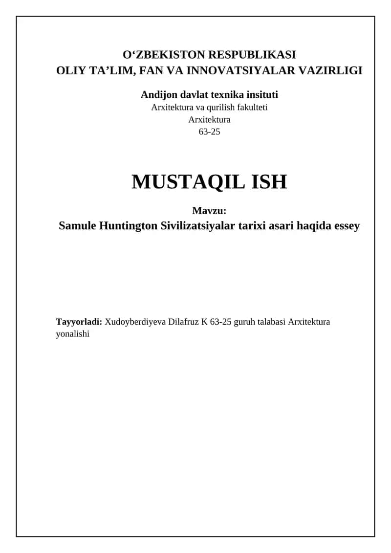 Samule Huntington Sivilizatsiyalar tarixi asari haqida essey 1