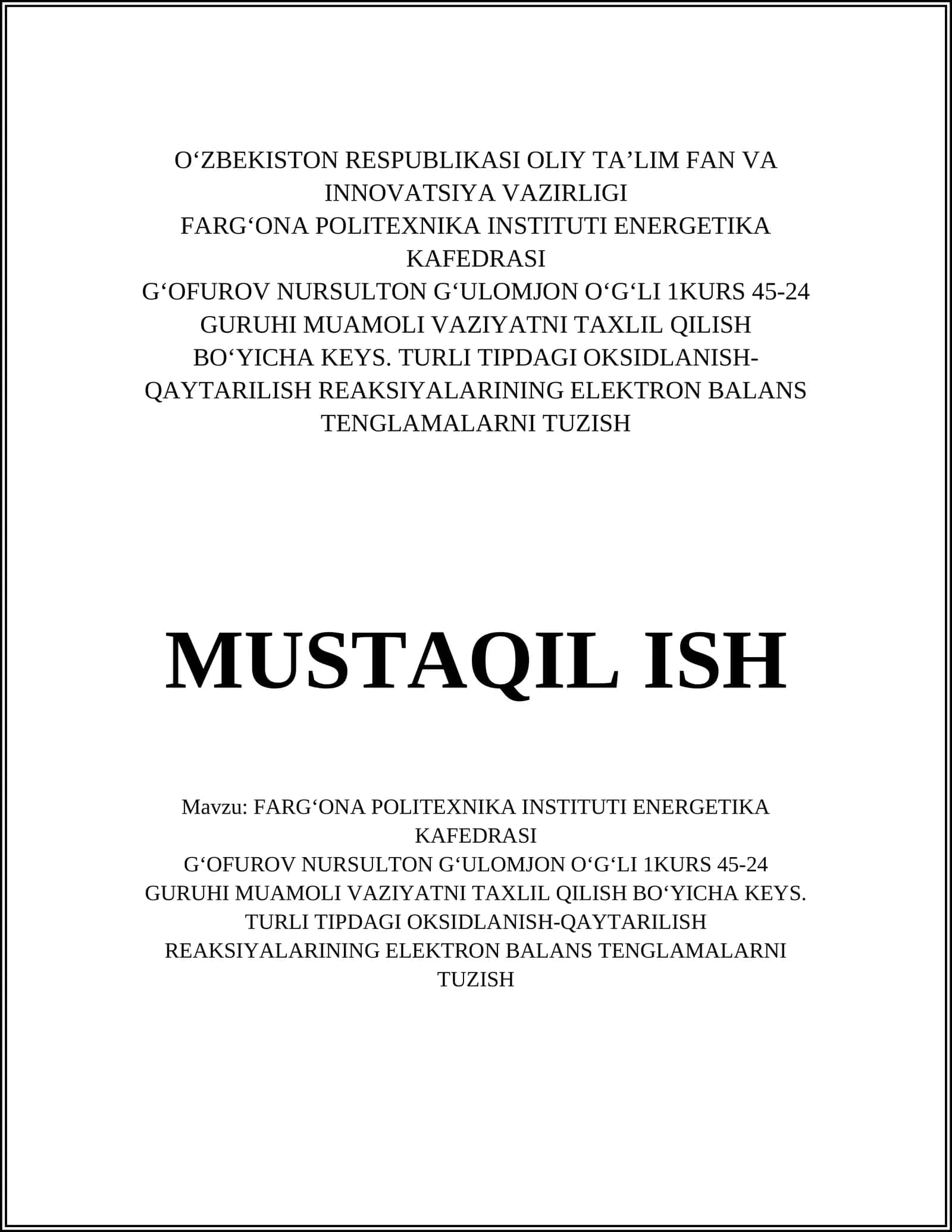 Oksidlanish-qaytarilish reaksiyalarining elektron balans tenglamalarni tuzish 1