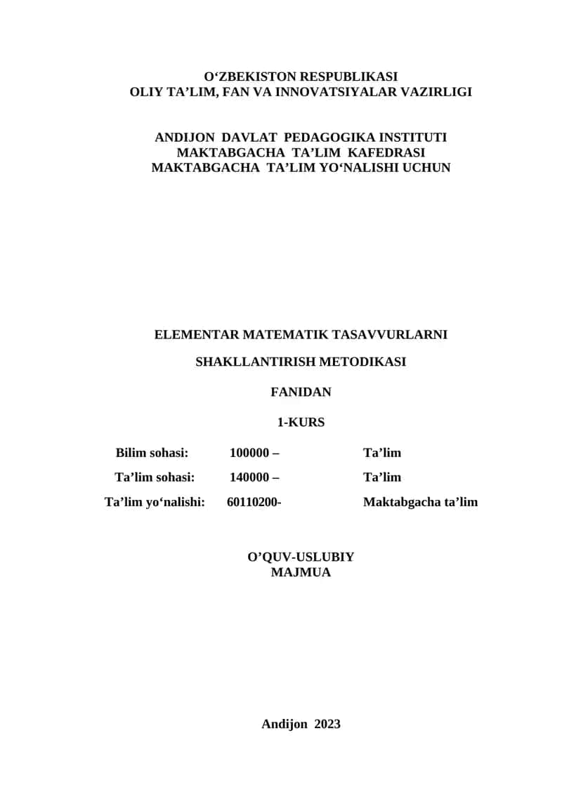 Elementar matematik tasavvurlarni shakllantirish metodikasi 1