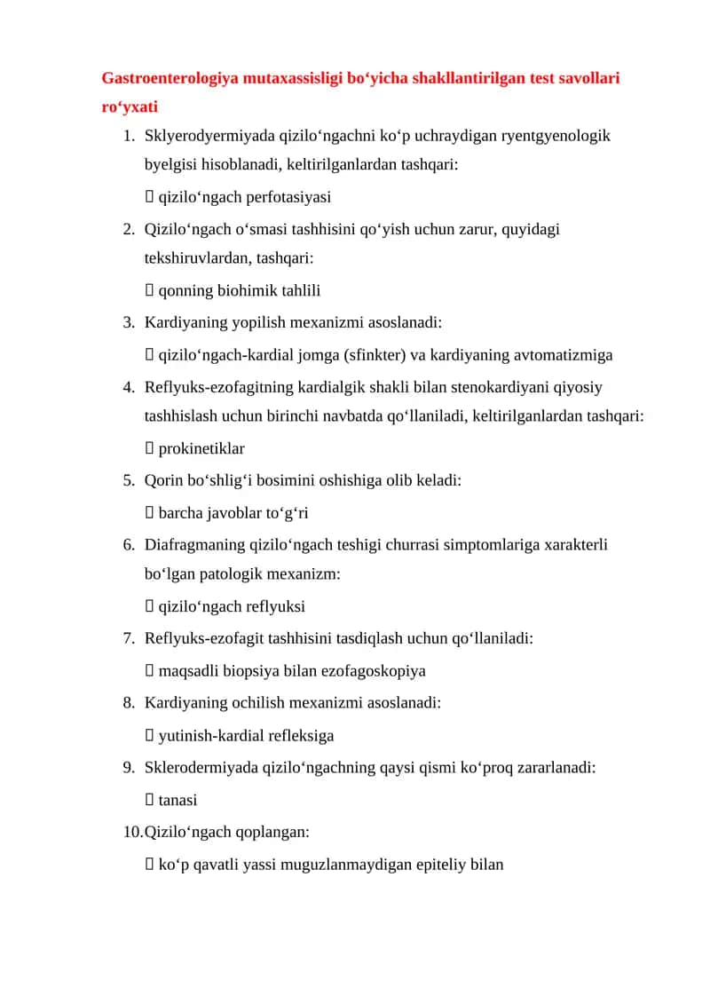 Gastroenterologiya mutaxassisligi boʻyicha shakllantirilgan test savollari roʻyxati 1