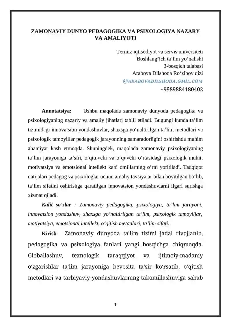 ZAMONAVIY DUNYO PEDAGOGIKA VA PSIXOLOGIYA NAZARY VA AMALIYOTI