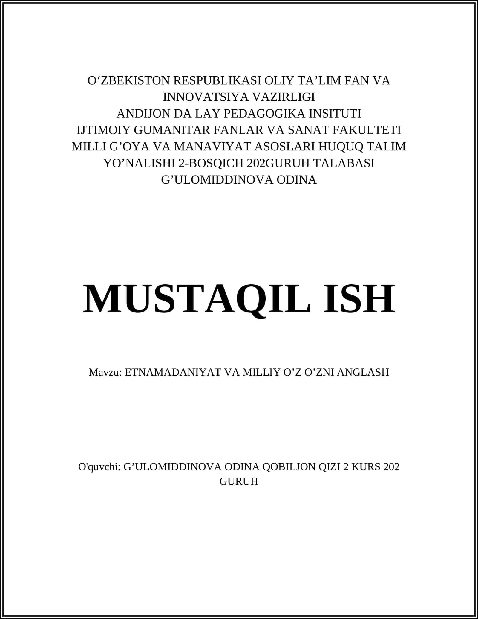 Milli G’oya va Manaviyat Asoslari Huquq Talim Yo’nalishi 2-Bosqich 1