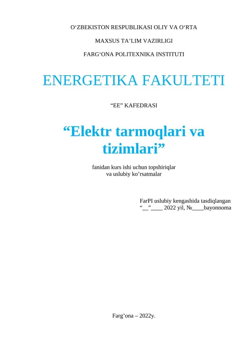 "Elektr tarmoqlari va tizimlari" 1