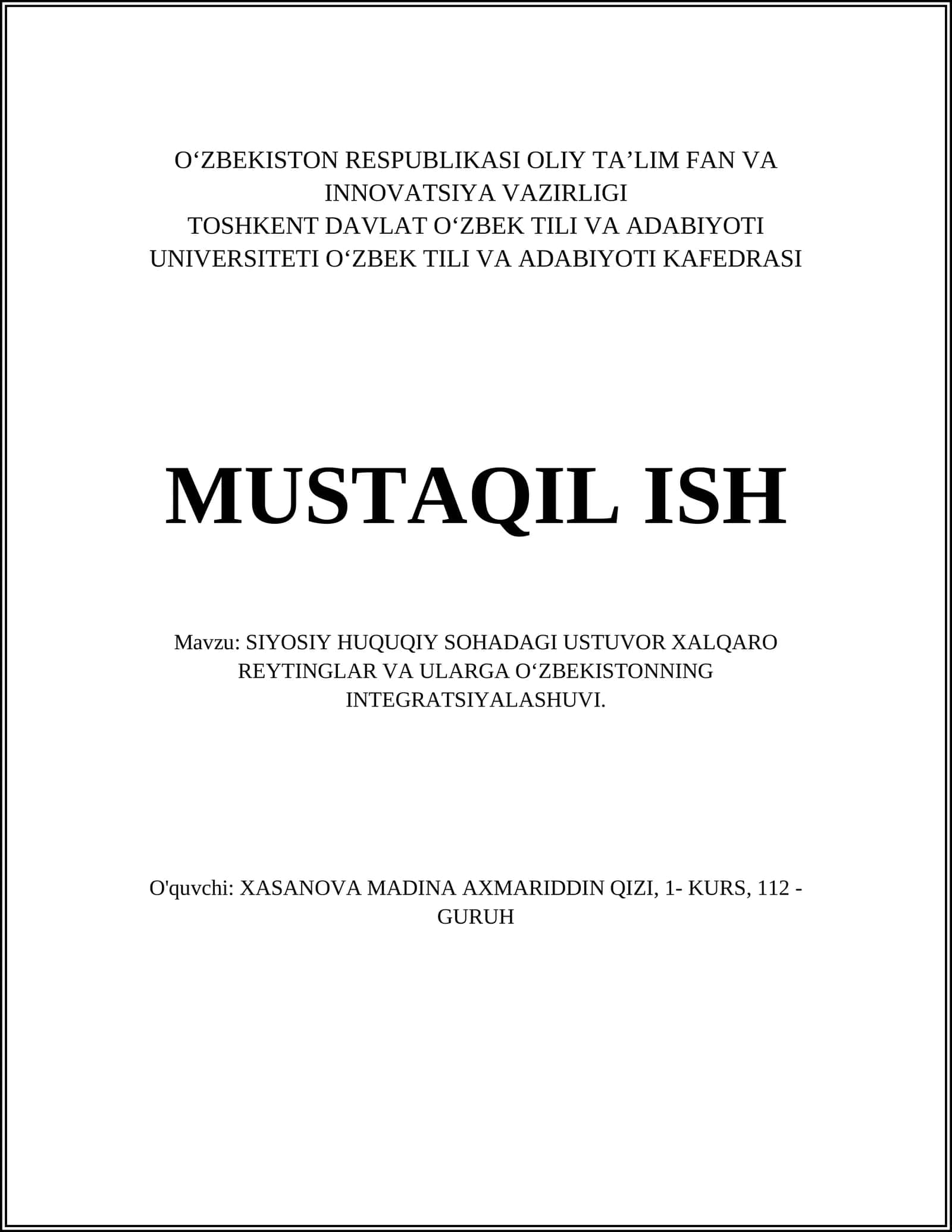 SIYOSIY HUQUQIY SOHADAGI USTUVOR XALQARO REYTINGLAR VA ULARGA OʻZBEKISTONNING INTEGRATSIYALASHUVI 1