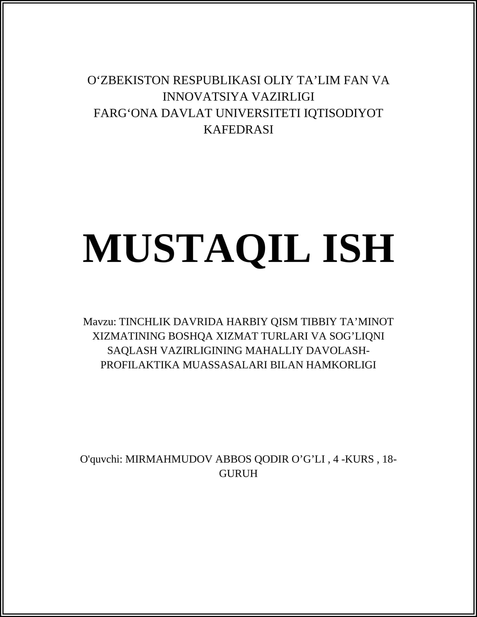 TINCHLIK DAVRIDA HARBIY QISM TIBBIY TA’MINOT XIZMATI 1