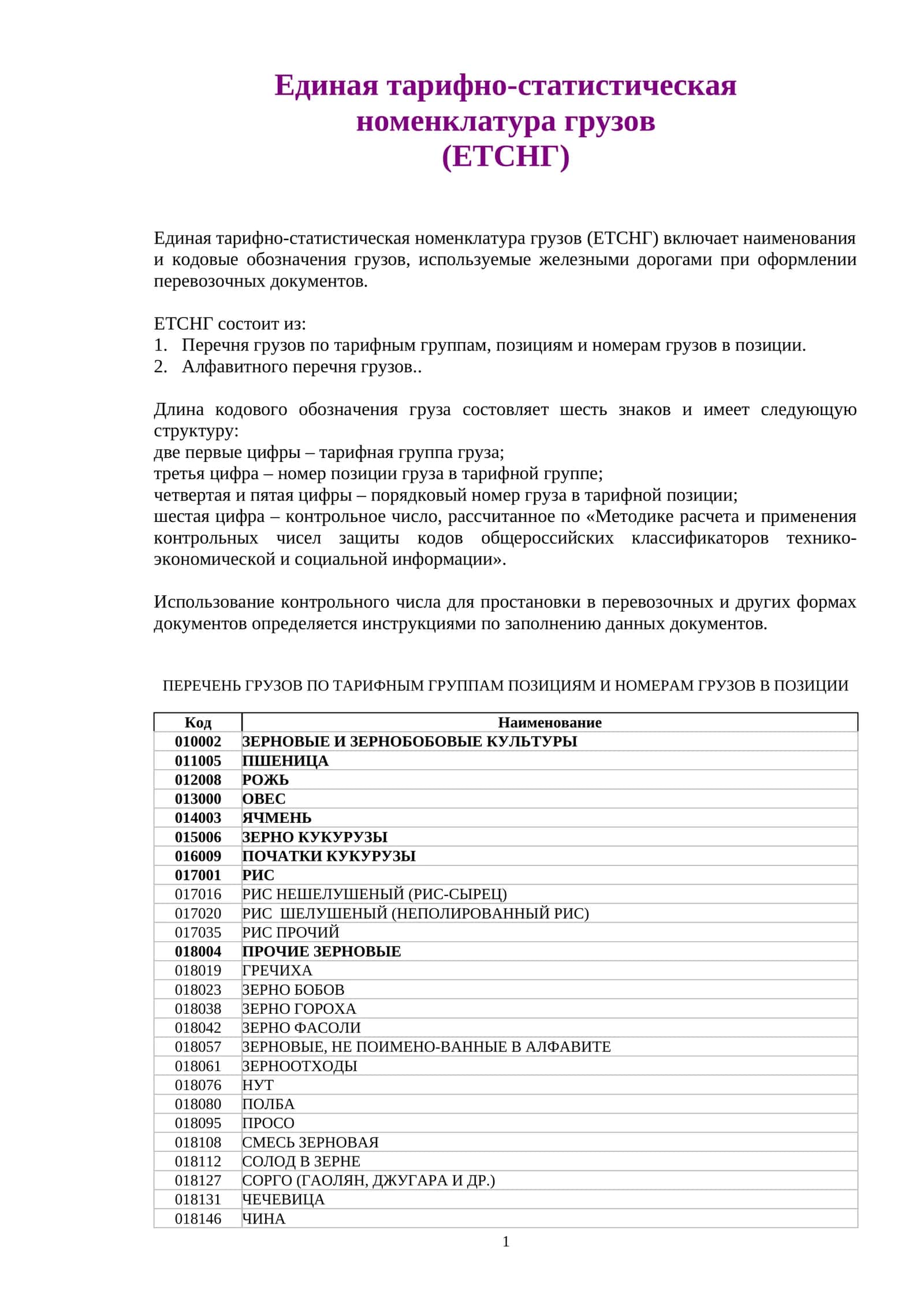 Единая тарифно-статистическая номенклатура грузов (ЕТСНГ) 1