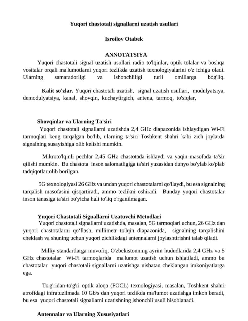 Yuqori chastotali signallarni uzatish usullari 1