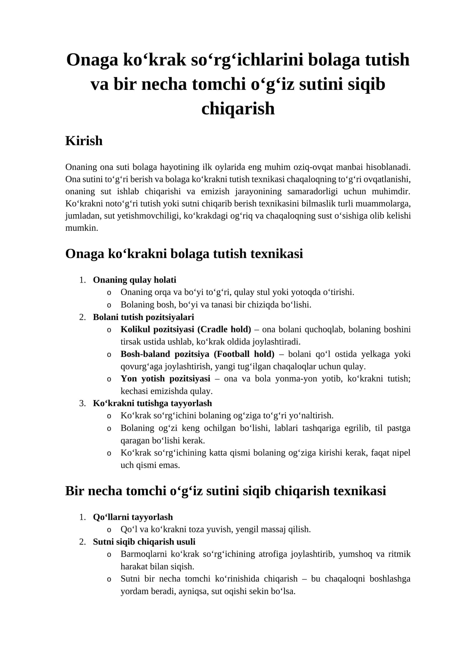 Onaga ko‘krakni bolaga tutish texnikasi 1