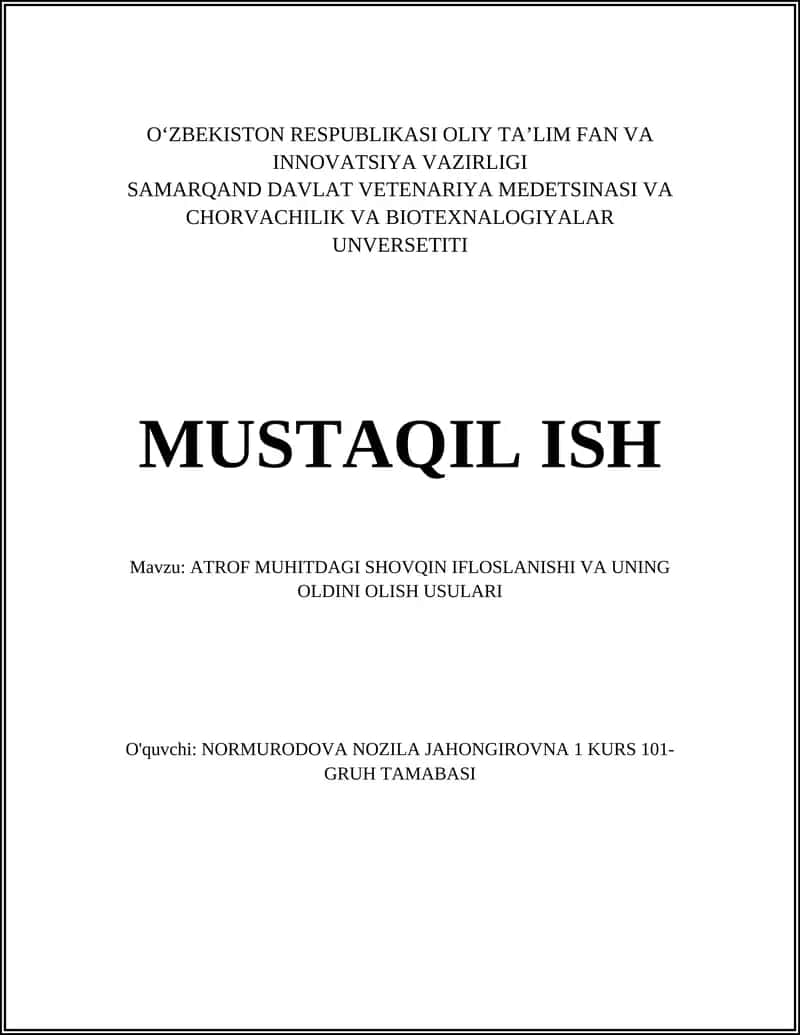 ATROF MUHITDAGI SHOVQIN IFLOSLANISHI VA UNING OLDINI OLISH USULARI 1