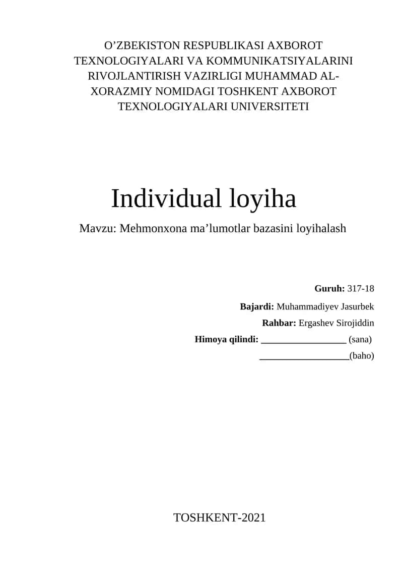 Mehmonxona ma’lumotlar bazasini loyihalash 1
